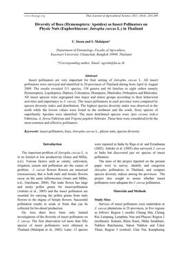 As Insect Pollinators on Physic Uts (Euphorbiaceae: Jatropha Curcas