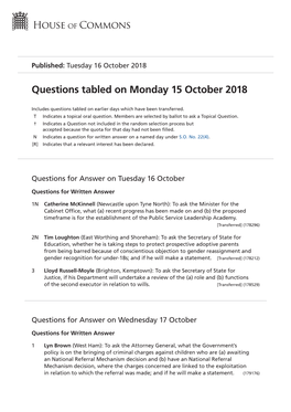 Questions Tabled on Monday 15 October 2018