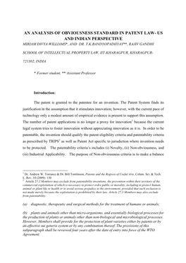 An Analysis of Obviousness Standard in Patent Law- Us and Indian Perspective Miriam Divya Williams*, and Dr