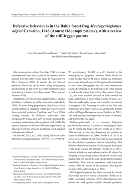 Defensive Behaviours in the Bahia Forest Frog Macrogenioglottus Alipioi Carvalho, 1946 (Anura: Odontophrynidae), with a Review of the Stiff-Legged Posture