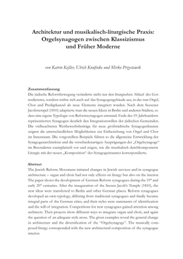 Architektur Und Musikalisch-Liturgische Praxis: Orgelsynagogen Zwischen Klassizismus Und Früher Moderne