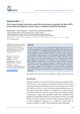 First Record of Giant Freshwater Prawn Macrobrachium Rosenbergii (De Man, 1879) from Small-Scale Fisheries in East Africa, Confirmed with DNA Barcoding