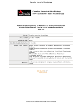 Potential Pathogenicity of Aeromonas Hydrophila Complex Strains Isolated from Clinical, Food and Environmental Sources