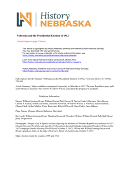 Nebraska and the Presidential Election of 1912