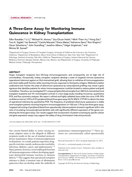 A Three-Gene Assay for Monitoring Immune Quiescence in Kidney Transplantation