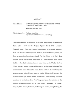 CHANGING EVALUATIONS of the FOUR WANGS DURING 20 TH -CENTURY CHINA Xingkui Wang, MA, 2009