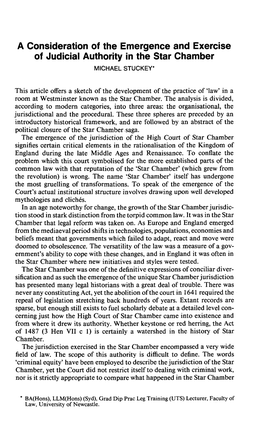 A Consideration of the Emergence and Exercise of Judicial Authority in the Star Chamber MICHAEL STUCKEY*