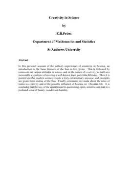 Creativity in Science by E.R.Priest Department of Mathematics And