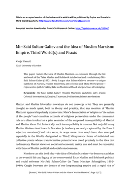 Mir-Said Sultan-Galiev and the Idea of Muslim Marxism: Empire, Third World(S) and Praxis