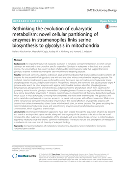 Rethinking the Evolution of Eukaryotic Metabolism: Novel Cellular