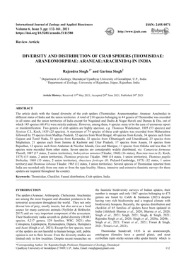 Diversity and Distribution of Crab Spiders (Thomisidae: Araneomorphae: Araneae:Arachnida) in India