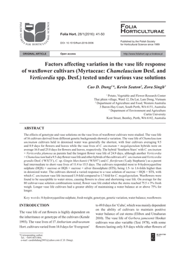 Factors Affecting Variation in the Vase Life Response of Waxflower Cultivars (Myrtaceae:Chamelaucium Desf