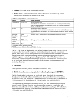 1 1. Species: Rio Grande Sucker (Catostomus Plebeius) 2. Status