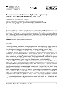 A New Species of Nebalia (Crustacea: Phyllocarida: Leptostraca) from the Cape D’Aguilar Marine Reserve, Hong Kong