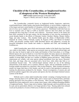 Checklist of the Cerambycidae, Or Longhorned Beetles (Coleoptera) of the Western Hemisphere 2008 Version (Updated Through 31 December 2007) Miguel A