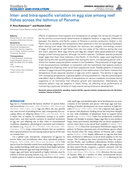 And Intra-Specific Variation in Egg Size Among Reef Fishes Across the Isthmus of Panama