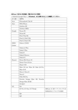Arcore／AR Kit 対応端末一覧(2018/10/5 更新) ＜Android (Google Play)＞ ※Android 8.0 以降であることを確認してください メーカー モデル Acer Chromebook Tab 10 Asus ROG Phone