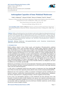 Anticoagulant Capacities of Some Medicinal Mushrooms