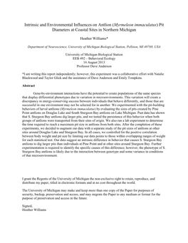 Intrinsic and Environmental Influences on Antlion (Myrmeleon Immaculatus) Pit Diameters at Coastal Sites in Northern Michigan