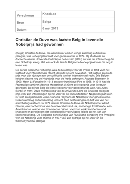 Christian De Duve Was Laatste Belg in Leven Die Nobelprijs Had Gewonnen