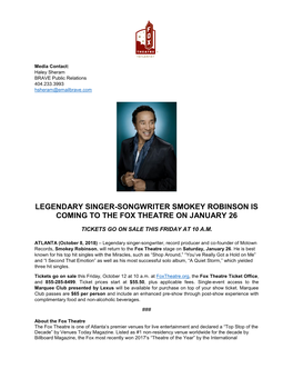 Legendary Singer-Songwriter Smokey Robinson Is Coming to the Fox Theatre on January 26