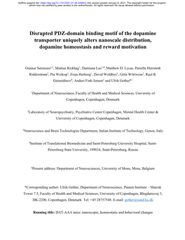 Disrupted PDZ-Domain Binding Motif of the Dopamine Transporter Uniquely Alters Nanoscale Distribution, Dopamine Homeostasis and Reward Motivation