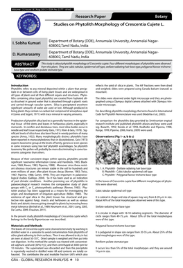 Research Paper Botany Studies on Phytolith Morphology of Crescentia Cujete L. I. Sobha Kumari D. Kumarasamy