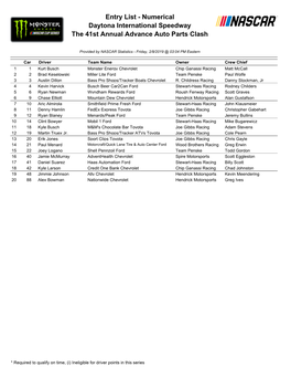 Entry List - Numerical Daytona International Speedway the 41St Annual Advance Auto Parts Clash