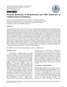 Parasitic Helminths of Domesticated and Wild Ruminants in Cholistan Desert of Pakistan