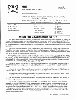 ANNUAL FIELD SEASON SUMMARY for 1970 This Year's Field Summary Is Somewhat Different in Its Organization from Past Summaries