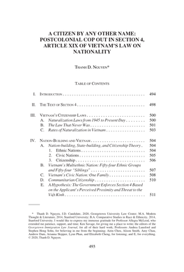 A Citizen by Any Other Name: Postcolonial Cop out in Section 4, Article Xix of Vietnam's Law on Nationality