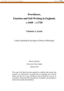 Providence, Emotion and Self-Writing in England, C.1660 – C.1720