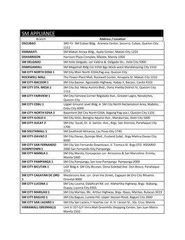 SM APPLIANCE Branch Address / Location DSCUBAO 3RD Flr SM Cubao Bldg