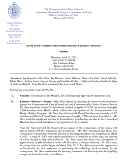 The Commonwealth of Massachusetts Commonwealth Health Insurance Connector Authority 100 City Hall Plaza, 6Th Floor