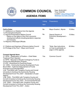 May 5, 2021 Common Council Agenda. Pursuant to the New York State Executive Orders, This Meeting