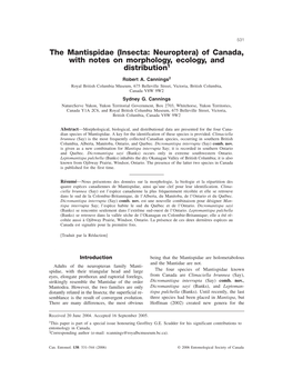 The Mantispidae (Insecta: Neuroptera) of Canada, with Notes on Morphology, Ecology, and Distribution1