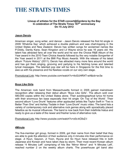 Lineup of Artistes for the STAR Concert@Gardens by the Bay in Celebration of the Straits Times 167Th Anniversary on 15 July 2012