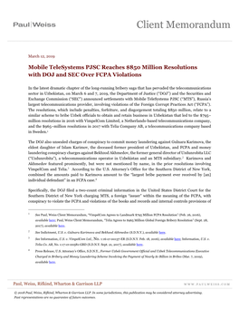 Mobile Telesystems PJSC Reaches $850 Million Resolutions with DOJ and SEC Over FCPA Violations