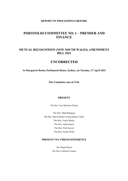 Portfolio Committee No. 1 – Premier and Finance
