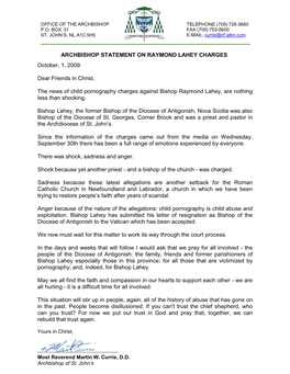 ARCHBISHOP STATEMENT on RAYMOND LAHEY CHARGES October, 1, 2009 Dear Friends in Christ, the News of Child Pornography Charges A