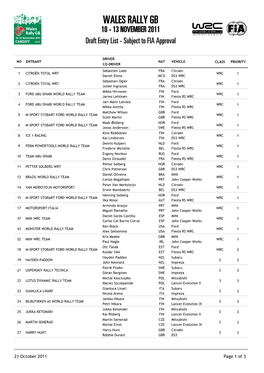 RALLY GB 10 - 13 NOVEMBER 2011 Draft Entry List - Subject to FIA Approval