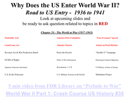 Why Does the US Enter World War II? Road to US Entry - 1936 to 1941 Look at Upcoming Slides and Be Ready to Ask Question Related to Topics in RED