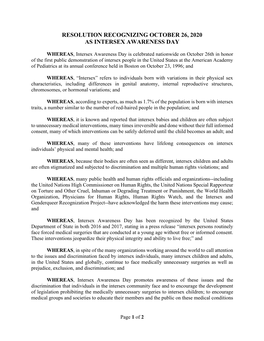 Resolution Recognizing October 26, 2020 As Intersex Awareness Day