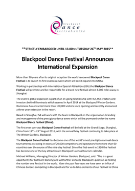 Blackpool Dance Festival Announces International Expansion