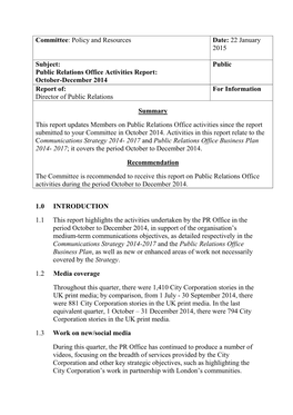 Public Relations Office Activities Report: October-December 2014 Report Of: for Information Director of Public Relations