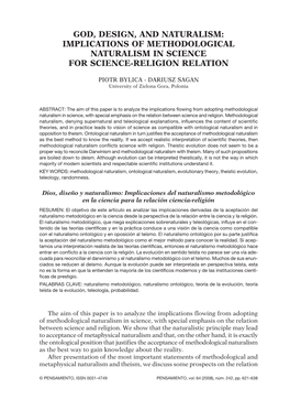 God, Design, and Naturalism: Implications of Methodological Naturalism in Science for Science-Religion Relation