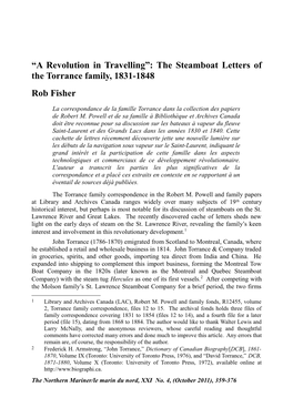 “A Revolution in Travelling”: the Steamboat Letters of the Torrance Family, 1831-1848 Rob Fisher