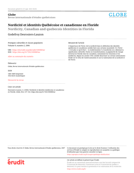 Nordicité Et Identités Québécoise Et Canadienne En Floride Nordicity, Canadian and Quebecois Identities in Florida Godefroy Desrosiers-Lauzon