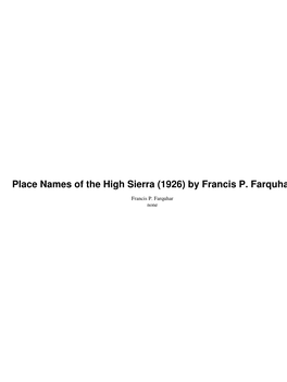 Place Names of the High Sierra (1926) by Francis P. Farquhar