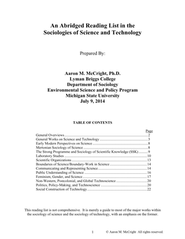 An Abridged Reading List in the Sociologies of Science and Technology